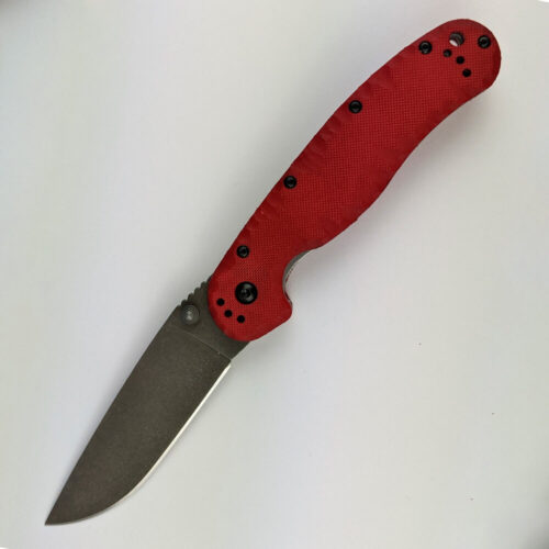 Ontario Rat 1 D2 Custom - Blade _ Clip Finish_ Blast, Acid, Stonewash, Handle Scale color_ Red, Carved Scales, Bronze-Gold Spacerslue-Purple Spacers