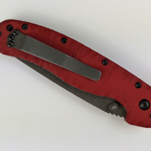 Ontario Rat 1 D2 Custom - Blade _ Clip Finish_ Blast, Acid, Stonewash, Handle Scale color_ Red, Carved Scales, Bronze-Gold Spacerslue-Purple Spacers