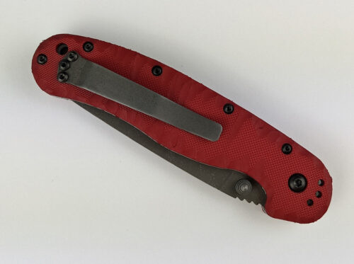 Ontario Rat 1 D2 Custom - Blade _ Clip Finish_ Blast, Acid, Stonewash, Handle Scale color_ Red, Carved Scales, Bronze-Gold Spacerslue-Purple Spacers