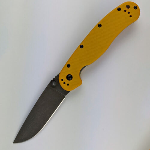 Ontario Rat 1 D2 Custom - Blade _ Clip Finish_ Blast, Acid, Stonewash, Handle Scale color_ Yellow, Blue-Purple Spacers